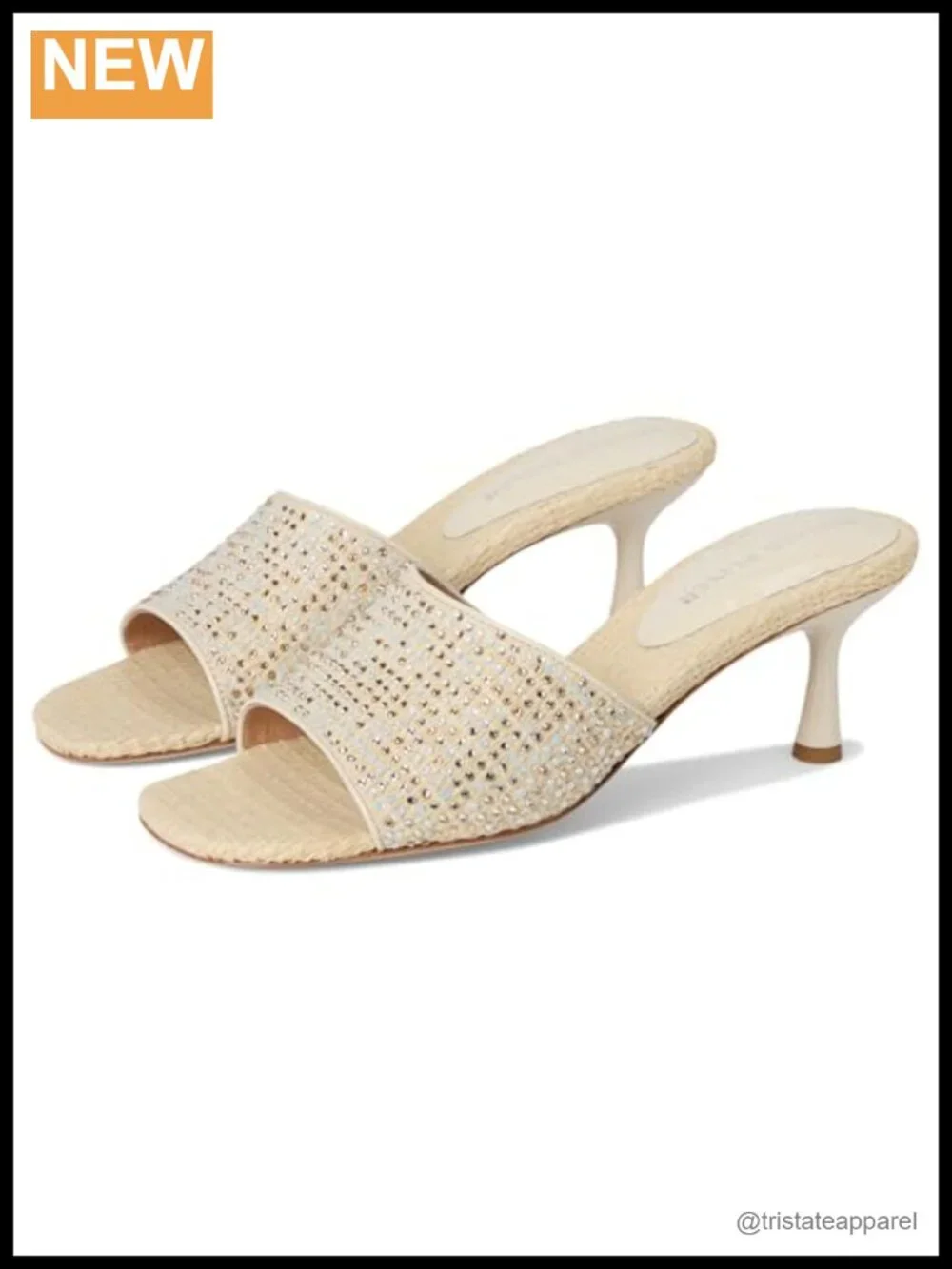 Beaded Woven Raffia Slide Sandals with Kitten Heel